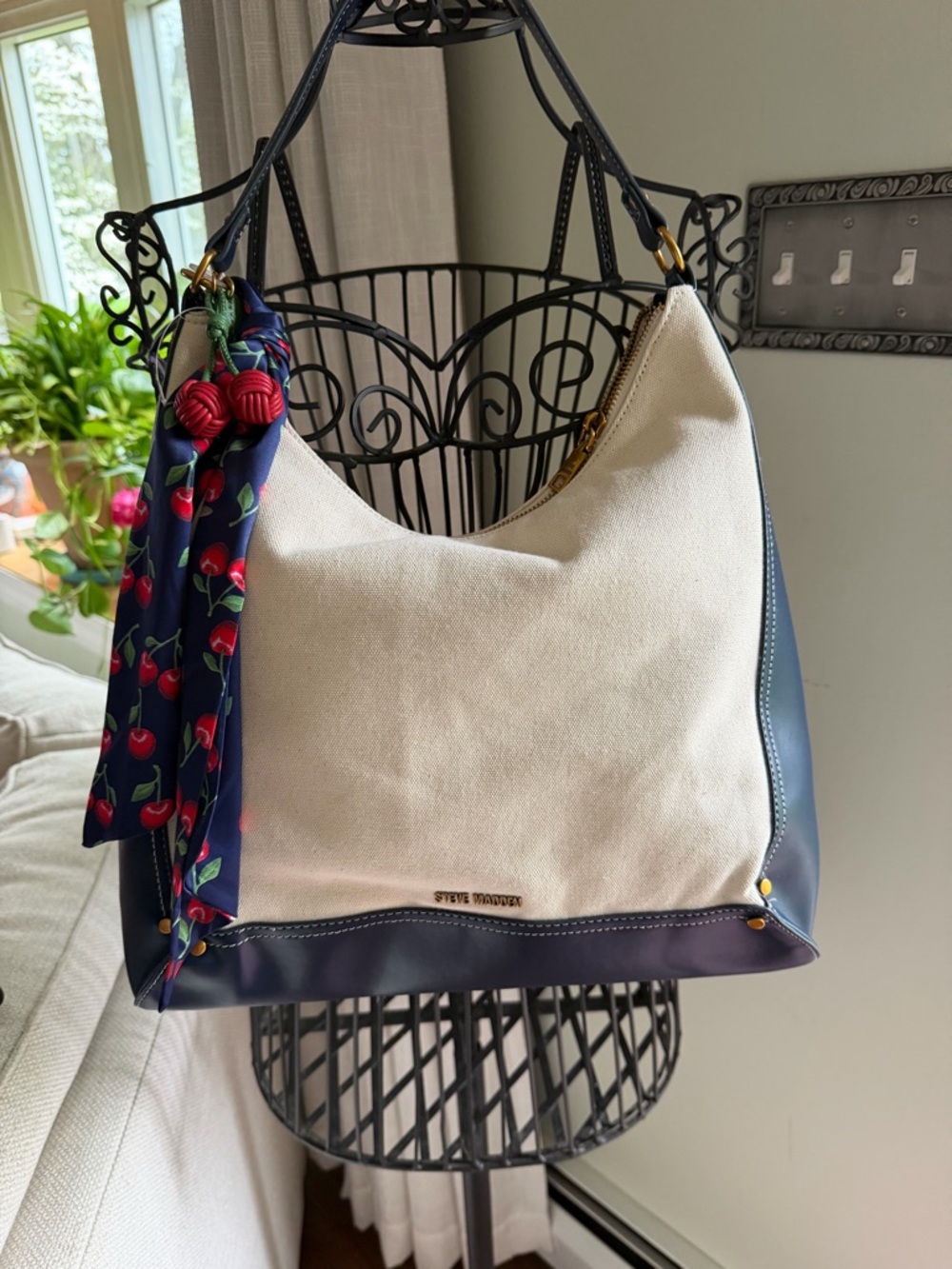 Steve Madden Navy and Cream Canvas Hobo Cherry Scarf Accent